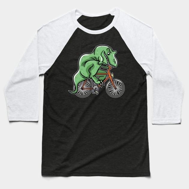 Funny T rex Riding Bicycle Baseball T-Shirt by LetsBeginDesigns